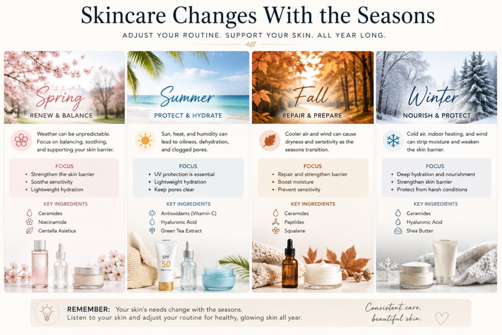 Seasonal skincare routine for spring, summer, fall, and winter