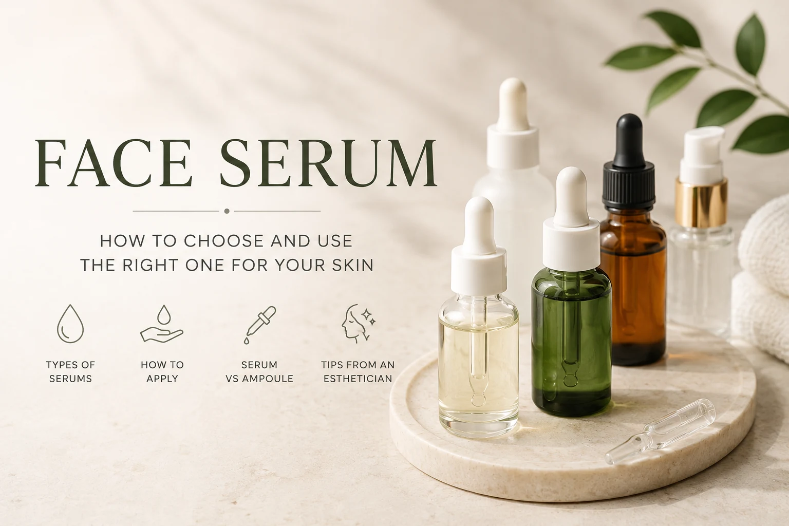 Face serum guide with different serum bottles and ampoule for skincare