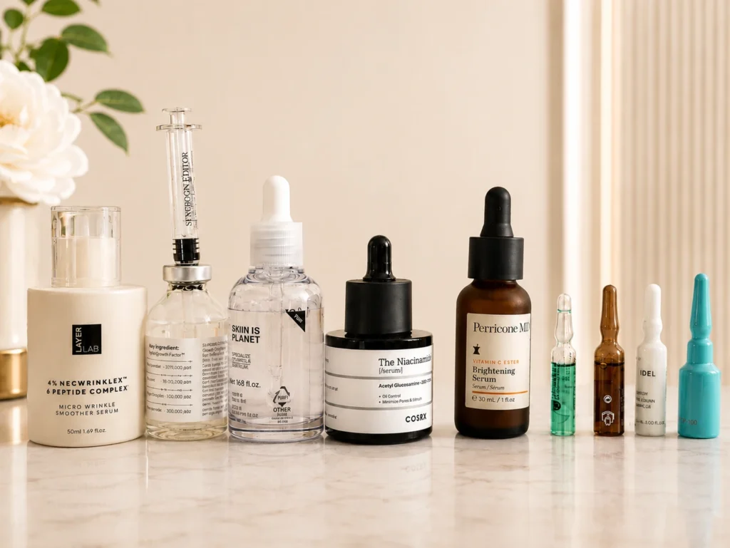 Face serums and ampoules from my personal skincare collection at home